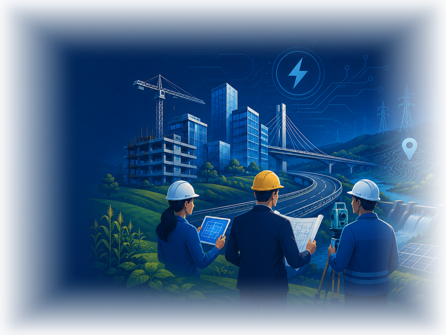 Ilustração integrada representando infraestrutura, engenharia, energia, topografia e agronomia